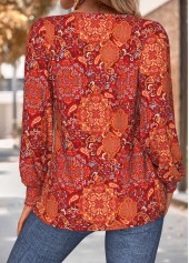 Tribal Print Tuck Stitch Wine Red T Shirt