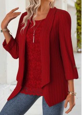 Tummy Coverage Red Long Sleeve Square Neck Blouse