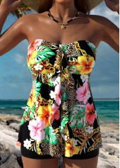 Floral Print Tummy Coverage Black Tankini Top-No Bottom