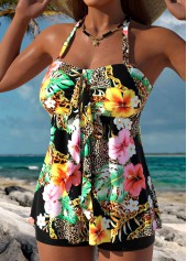 Floral Print Tummy Coverage Black Tankini Top-No Bottom