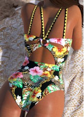 Floral Print Tummy Control Black One Piece Swimwear