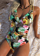 Floral Print Tummy Control Black One Piece Swimwear