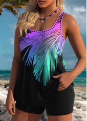 Leaf Print Tummy Coverage Purple Tankini Top-No Bottom