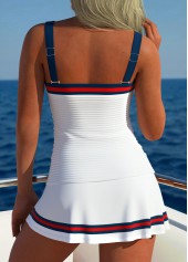 High Waisted Striped Contrast Piping White Tankini Set