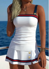 High Waisted Striped Contrast Piping White Tankini Set