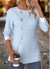 Plaid Tummy Coverage Light Blue Long Sleeve Blouse