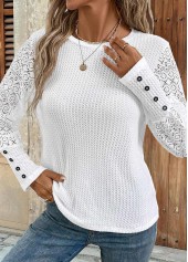 Patchwork White Long Sleeve Round Neck T Shirt