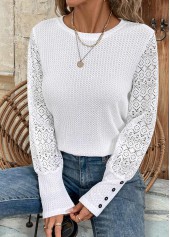 Patchwork White Long Sleeve Round Neck T Shirt