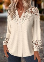 Tummy Coverage Beige Long Sleeve Split Neck Blouse