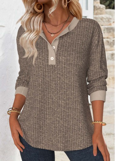 Tummy Coverage Gray Brown Long Sleeve Split Neck Sweatshirt