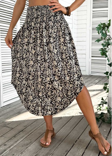 Floral Print Black A Line Elastic Waist Skirt