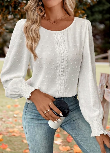 Tummy Coverage White Long Sleeve Round Neck Blouse Tummy Coverage White Long Sleeve Round Neck Blouse