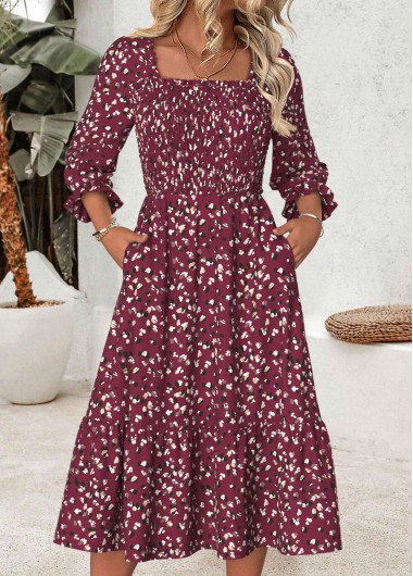 Leopard Tummy Coverage Dark Reddish Purple 3/4 Sleeve Dress