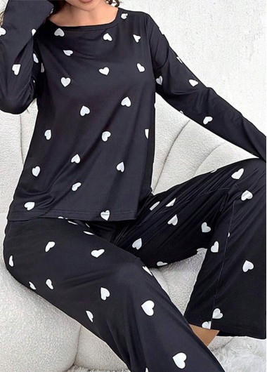Heart Print Black Round Neck Lounge Top and Pants
