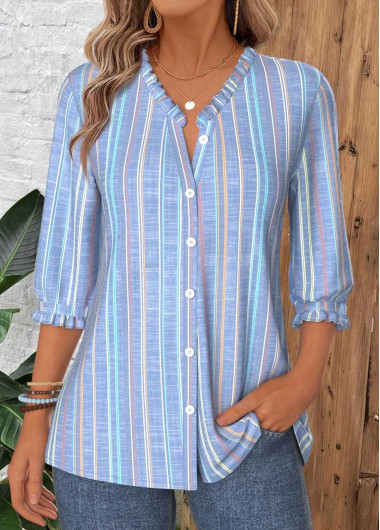 Multi Stripe Print Tummy Coverage Dusty Blue Blouse