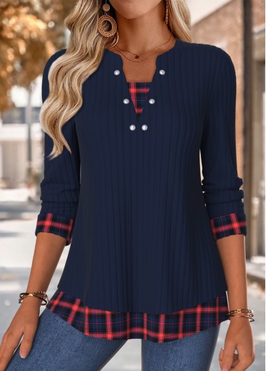 Plaid Tummy Coverage Navy 3/4 Sleeve Split Neck Blouse