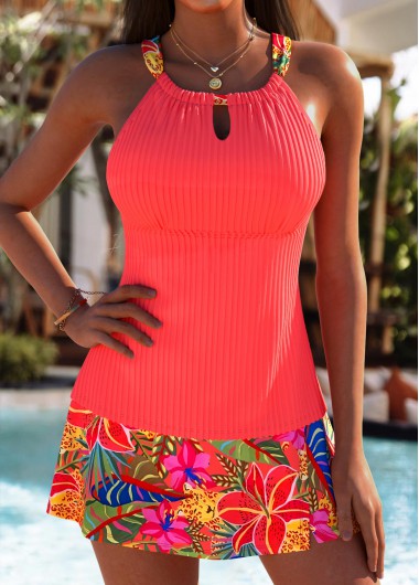 Mid Waisted Floral Print Tummy Coverage Coral Tankini Set