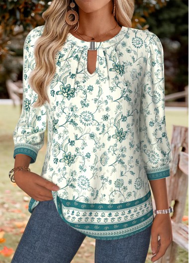 Floral Print Tummy Coverage Turquoise 3/4 Sleeve T Shirt