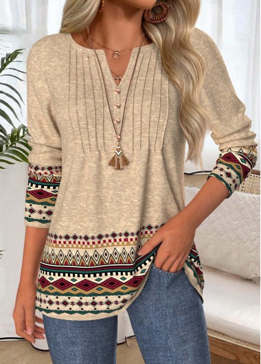 Tribal Print Tummy Coverage Light Camel T Shirt