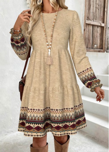 Tribal Print Tummy Coverage Light Camel Long Sleeve Dress