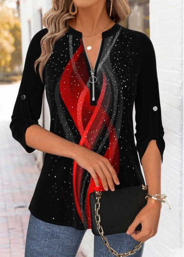 Ombre Tummy Coverage Black 3/4 Sleeve Split Neck Blouse Ombre Tummy Coverage Black 3/4 Sleeve Split Neck Blouse