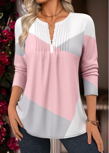 Geometric Print Tuck Stitch Light Pink Long Sleeve Blouse
