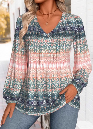 Tribal Print Tummy Coverage Multi Color Long Sleeve Blouse Tribal Print Tummy Coverage Multi Color Long Sleeve Blouse
