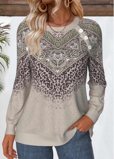 Tribal Print Tummy Coverage Gray Brown Long Sleeve Sweatshirt