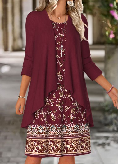 Floral Print Tummy Coverage Wine Red Dress and Cardigan