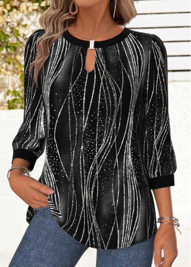 Ombre Tummy Coverage Black 3/4 Sleeve Round Neck Blouse