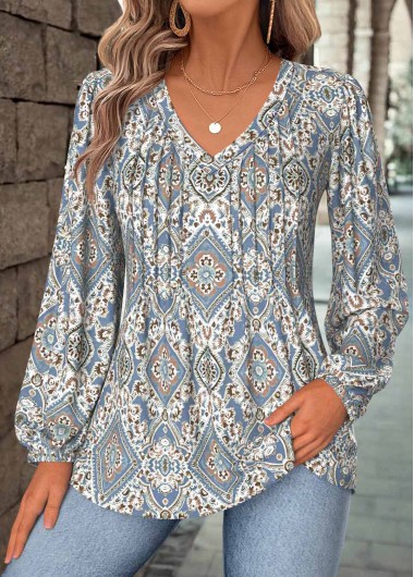 Tribal Print Tummy Coverage Dusty Blue Long Sleeve Blouse