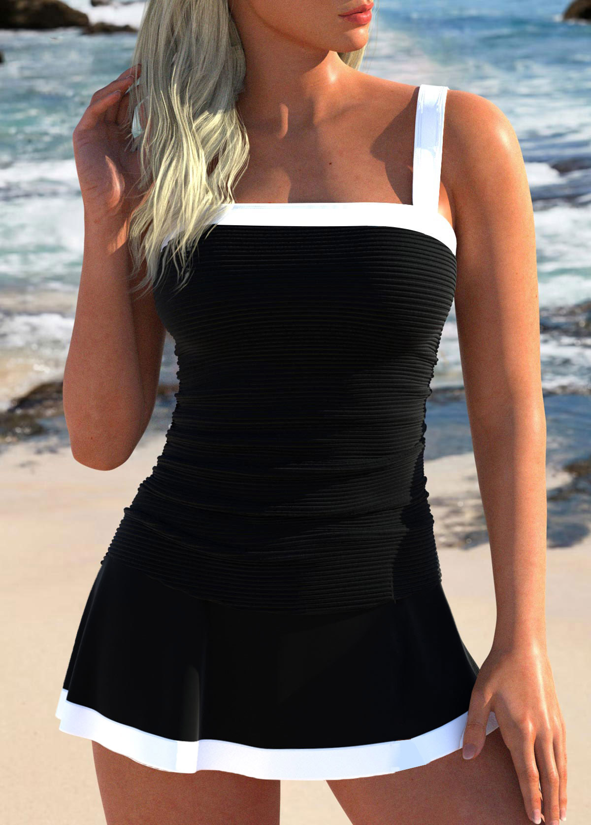 Patchwork Contrast Binding Black Tankini Set