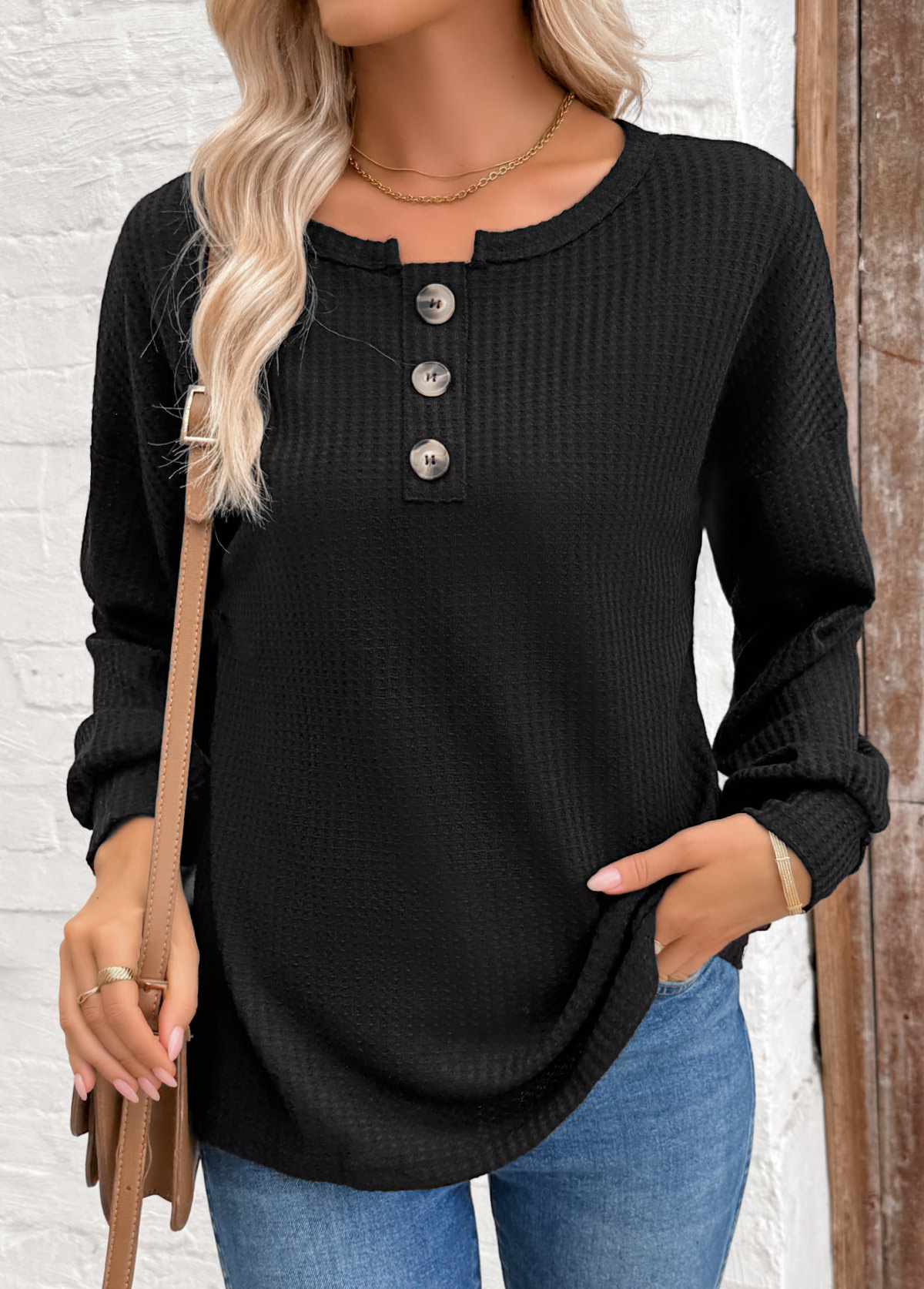 Tummy Coverage Black Long Sleeve Round Neck Sweatshirt