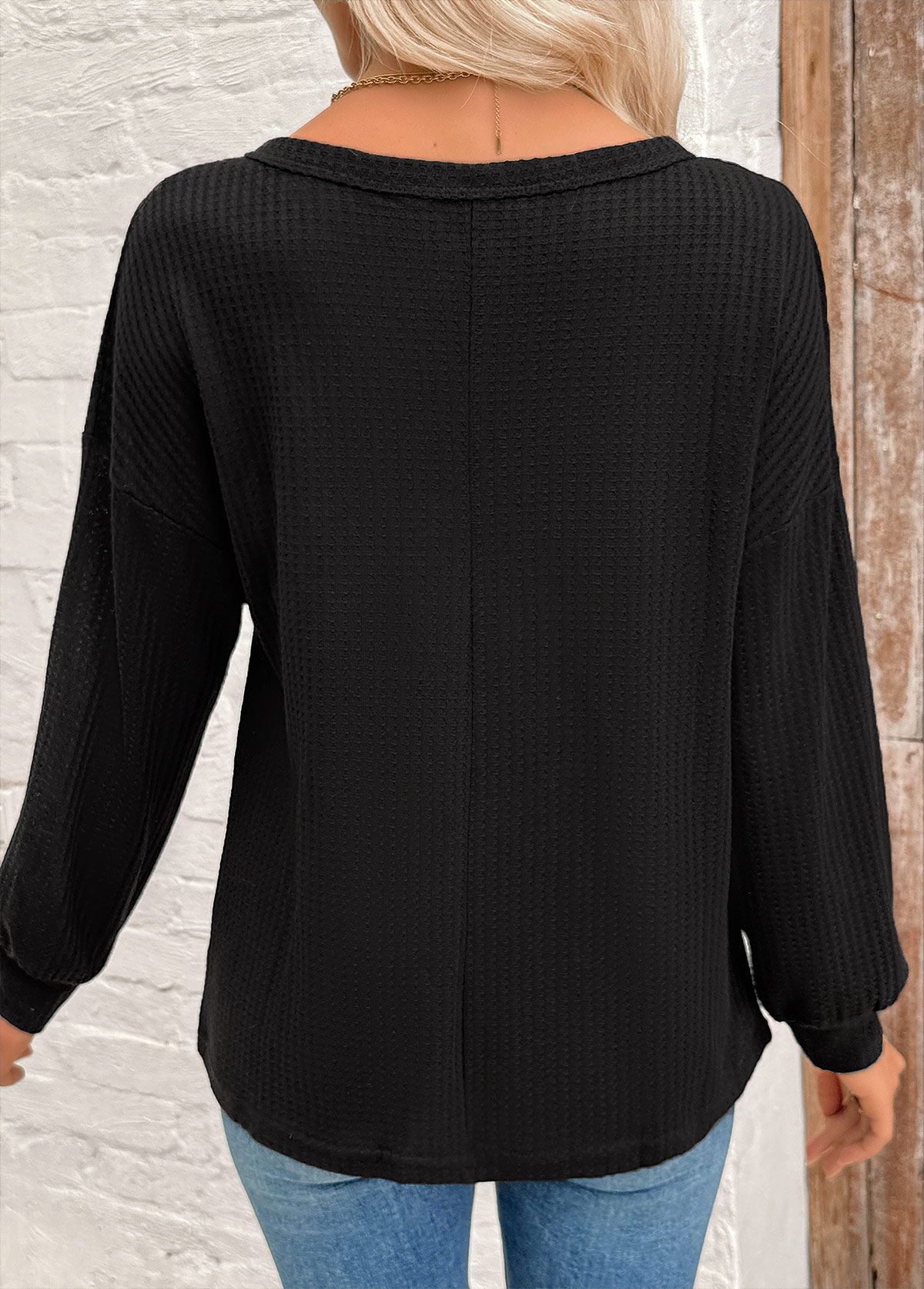 Tummy Coverage Black Long Sleeve Round Neck Sweatshirt