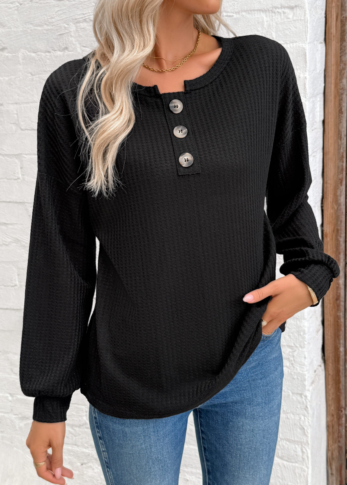 Tummy Coverage Black Long Sleeve Round Neck Sweatshirt