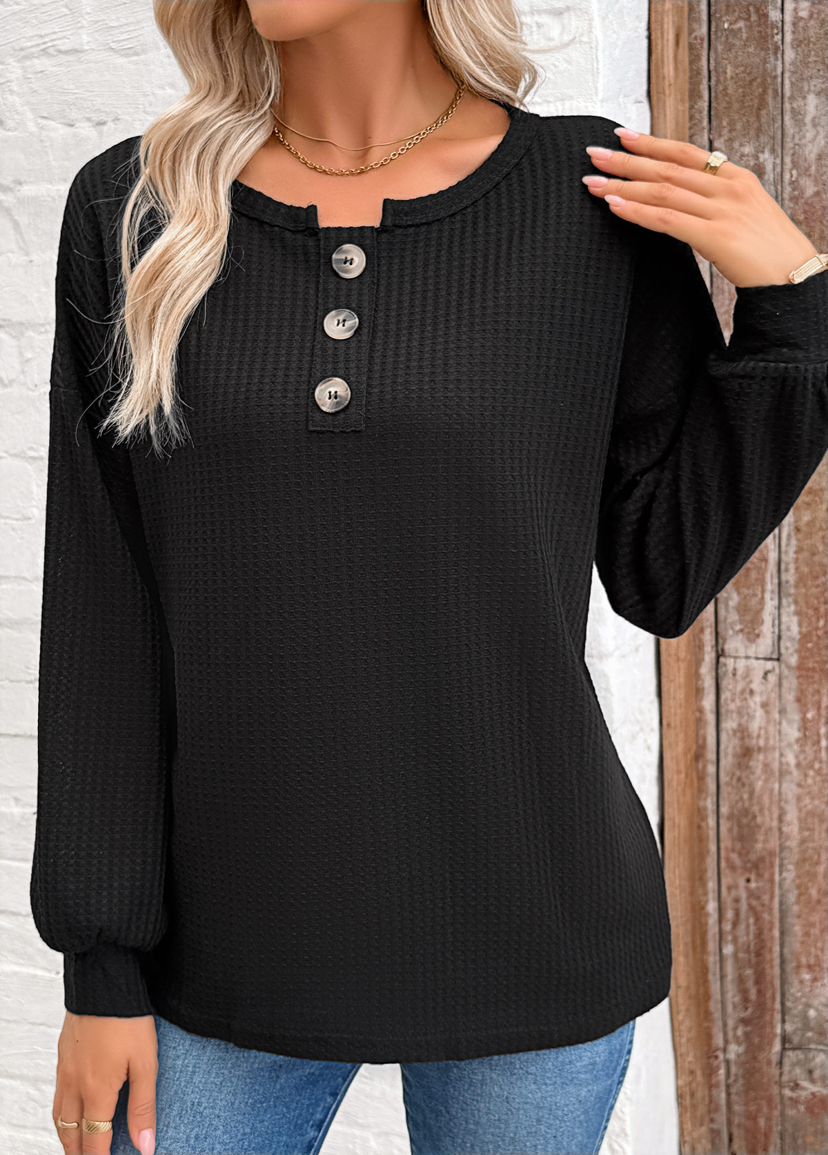 Tummy Coverage Black Long Sleeve Round Neck Sweatshirt