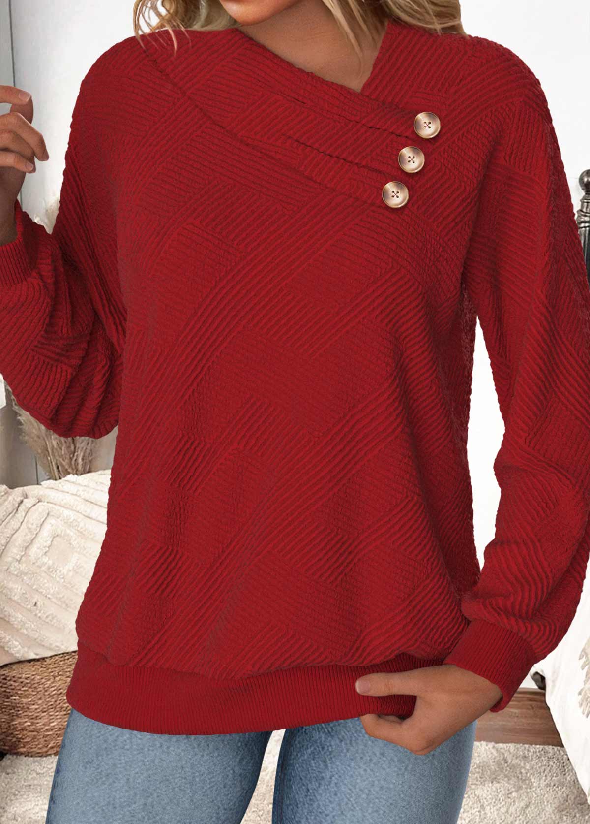 Button Wine Red Long Sleeve Asymmetrical Neck Sweatshirt