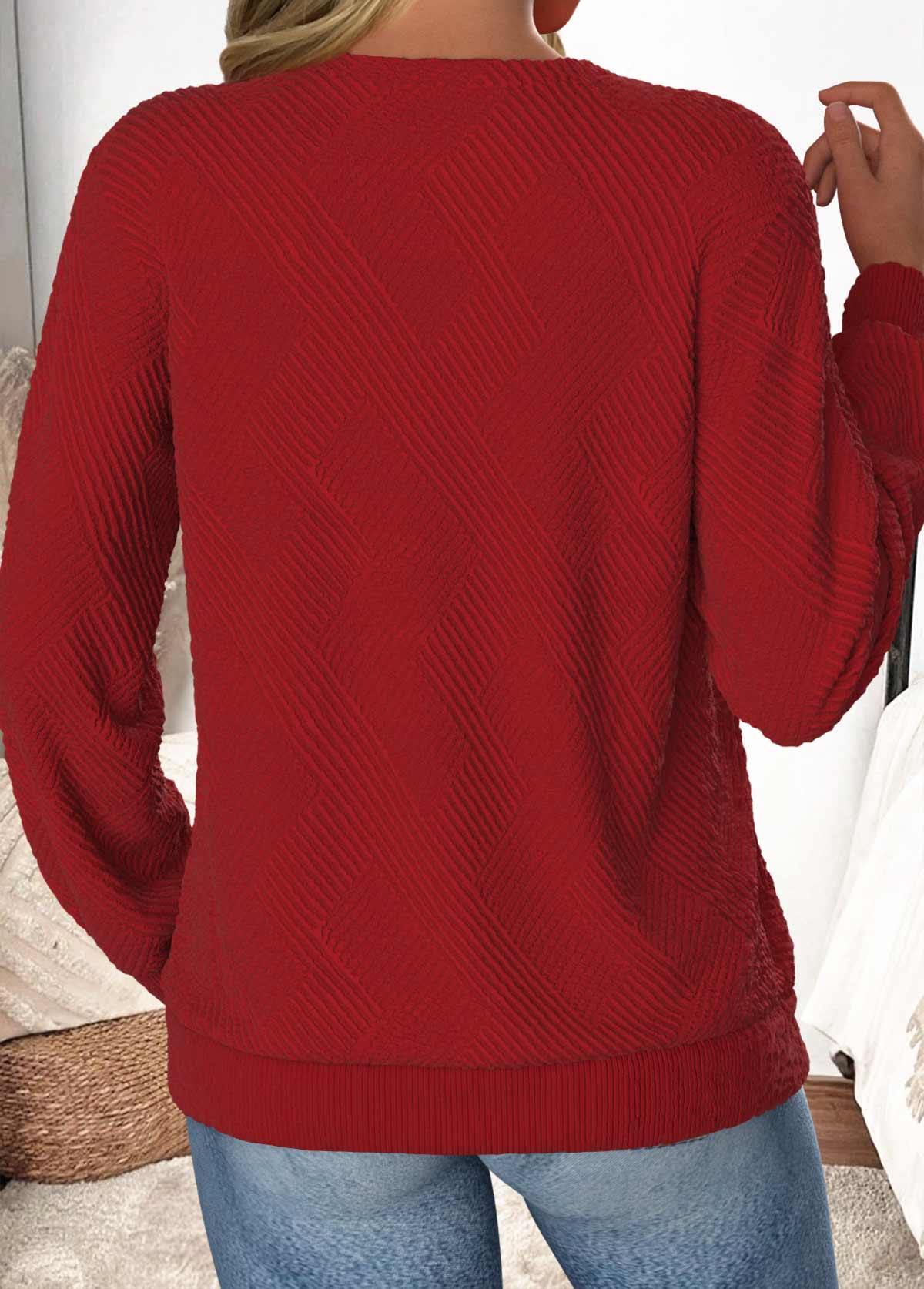 Button Wine Red Long Sleeve Asymmetrical Neck Sweatshirt