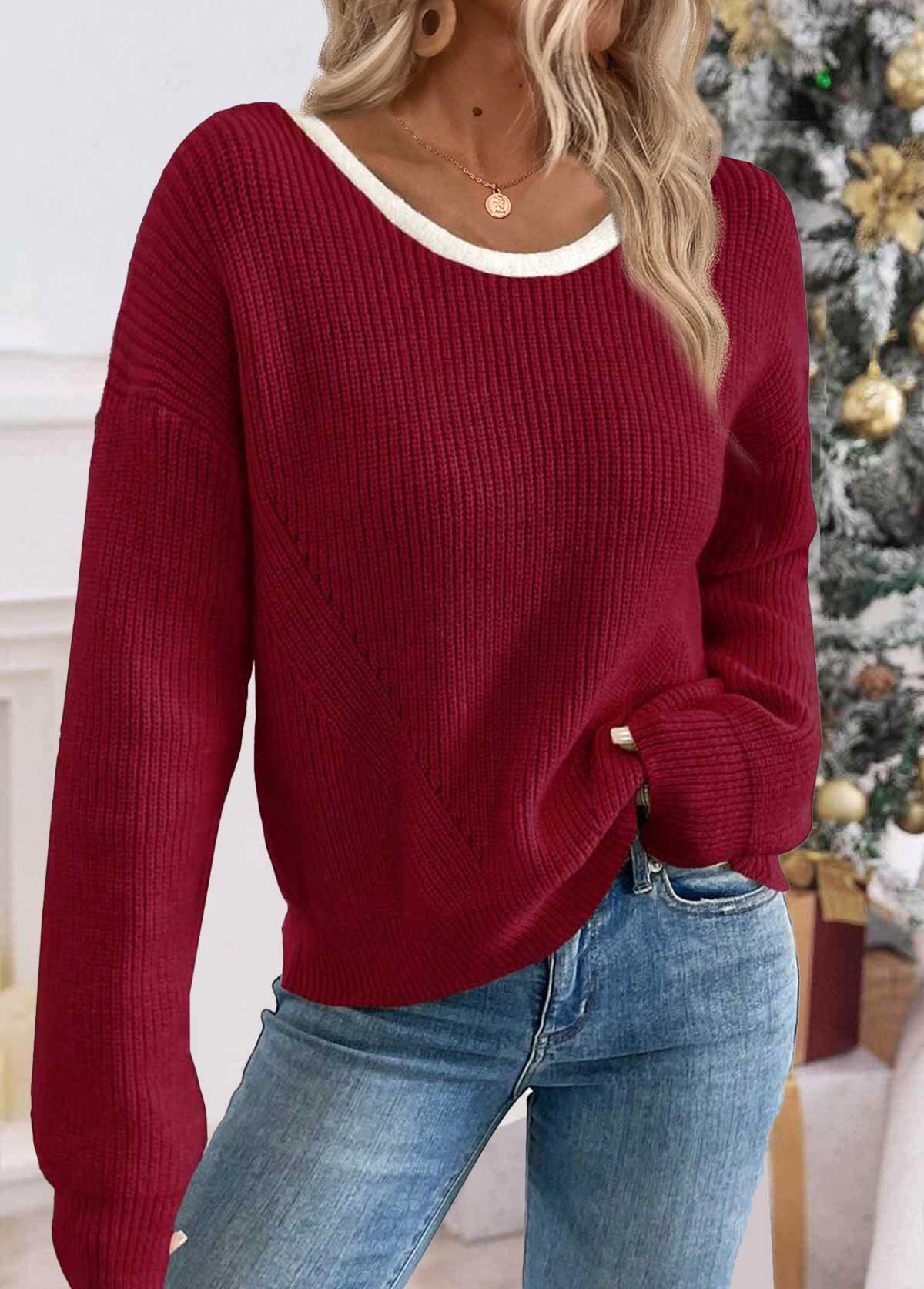 Tummy Coverage Wine Red Long Sleeve Round Neck Sweater