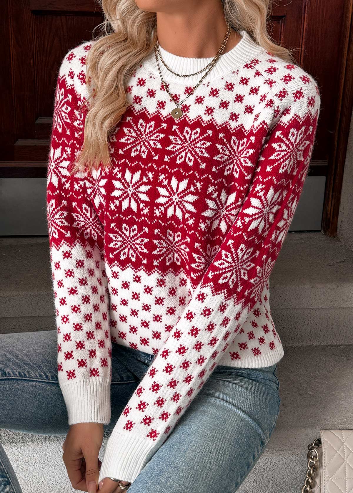 Christmas Snowflake Print Tummy Coverage Wine Red Sweater