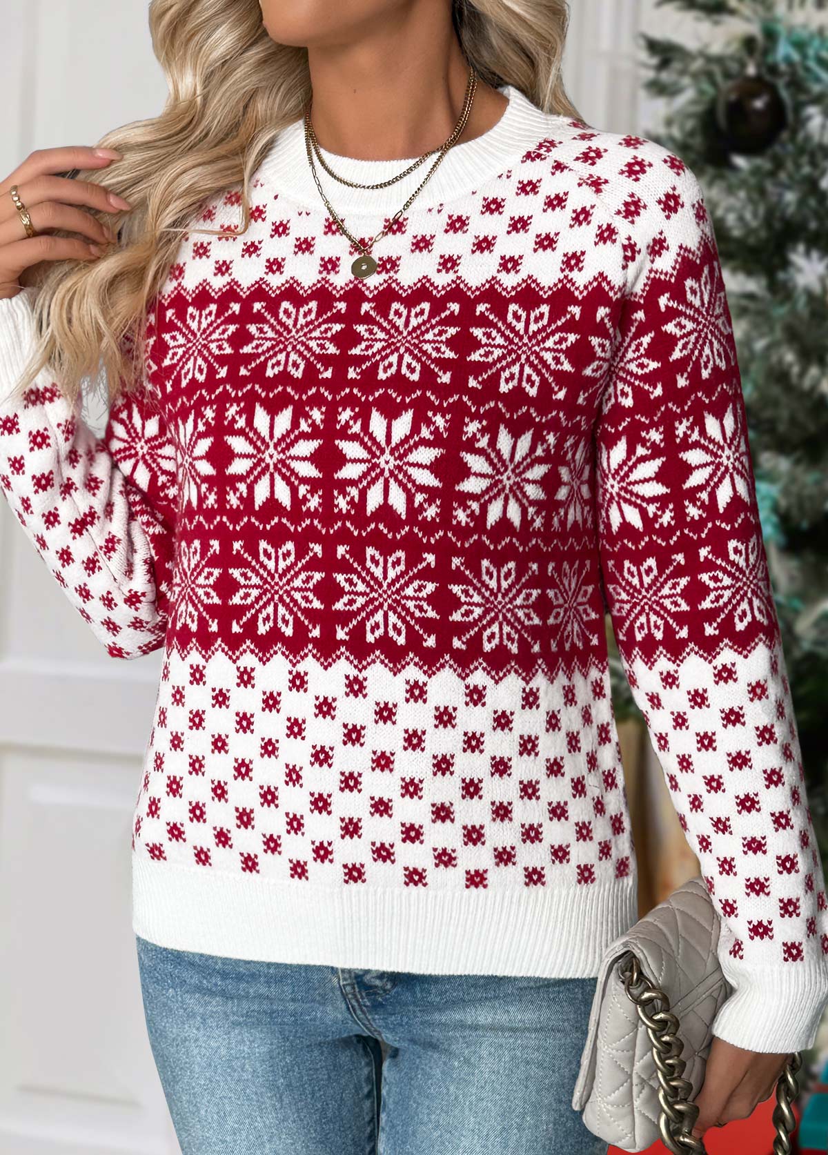 Christmas Snowflake Print Tummy Coverage Wine Red Sweater