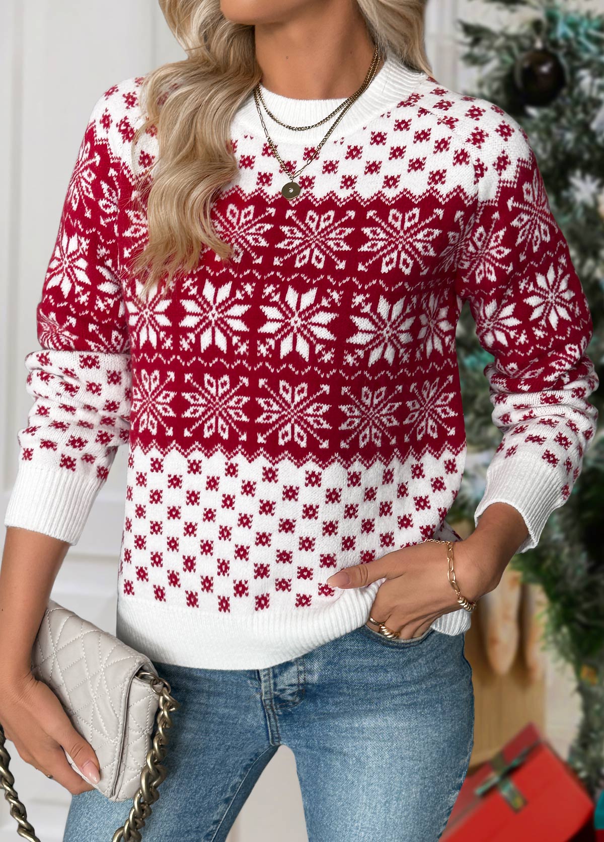 Christmas Snowflake Print Tummy Coverage Wine Red Sweater