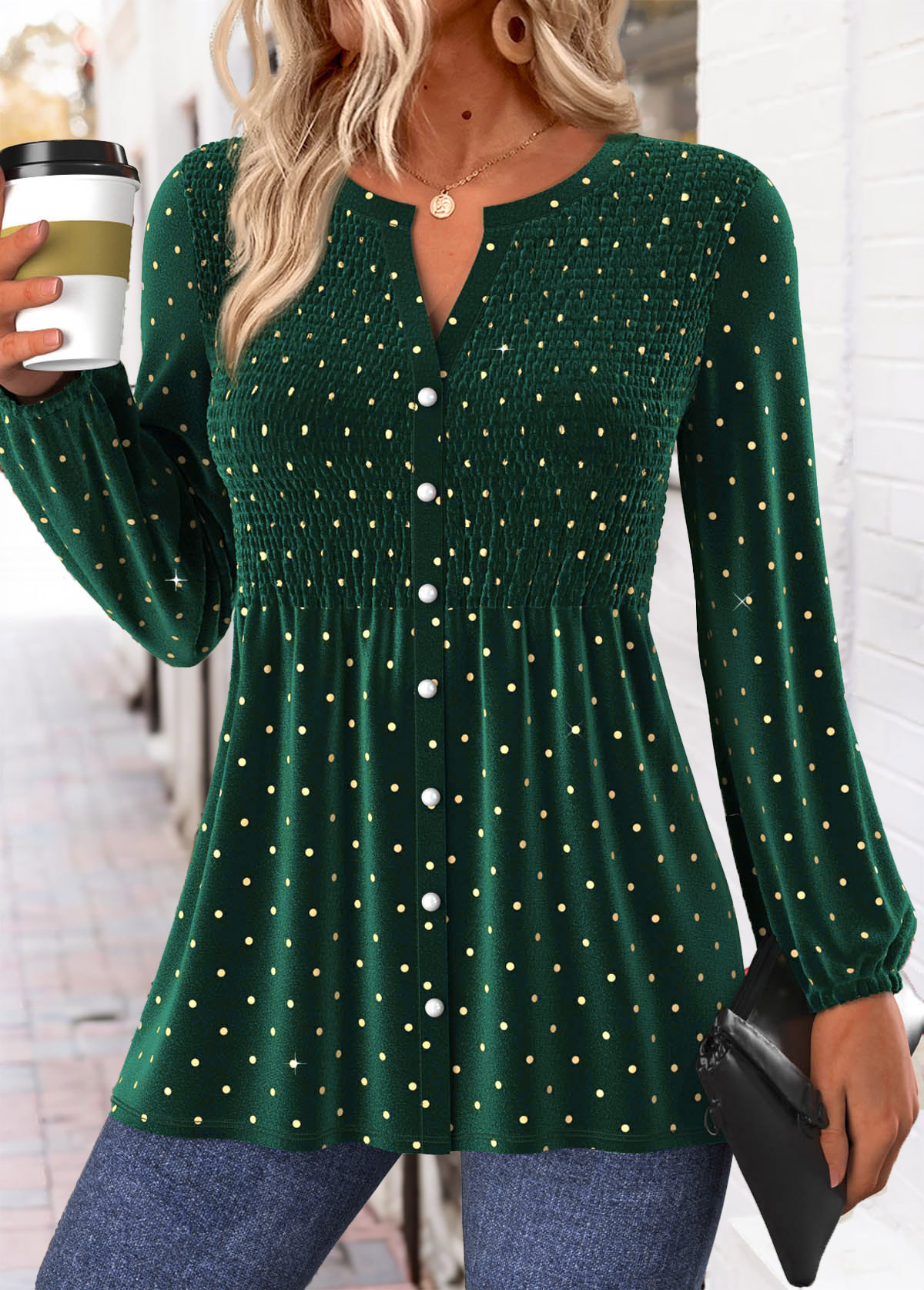Polka Dot Peplum Green Long Sleeve Split Neck Blouse