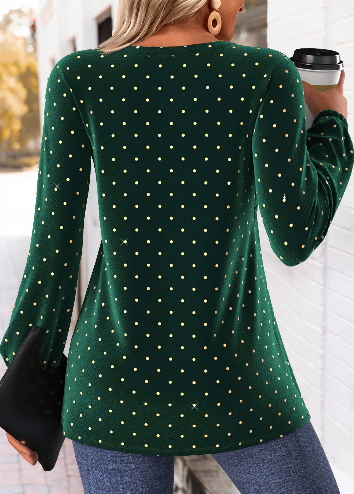 Polka Dot Peplum Green Long Sleeve Split Neck Blouse
