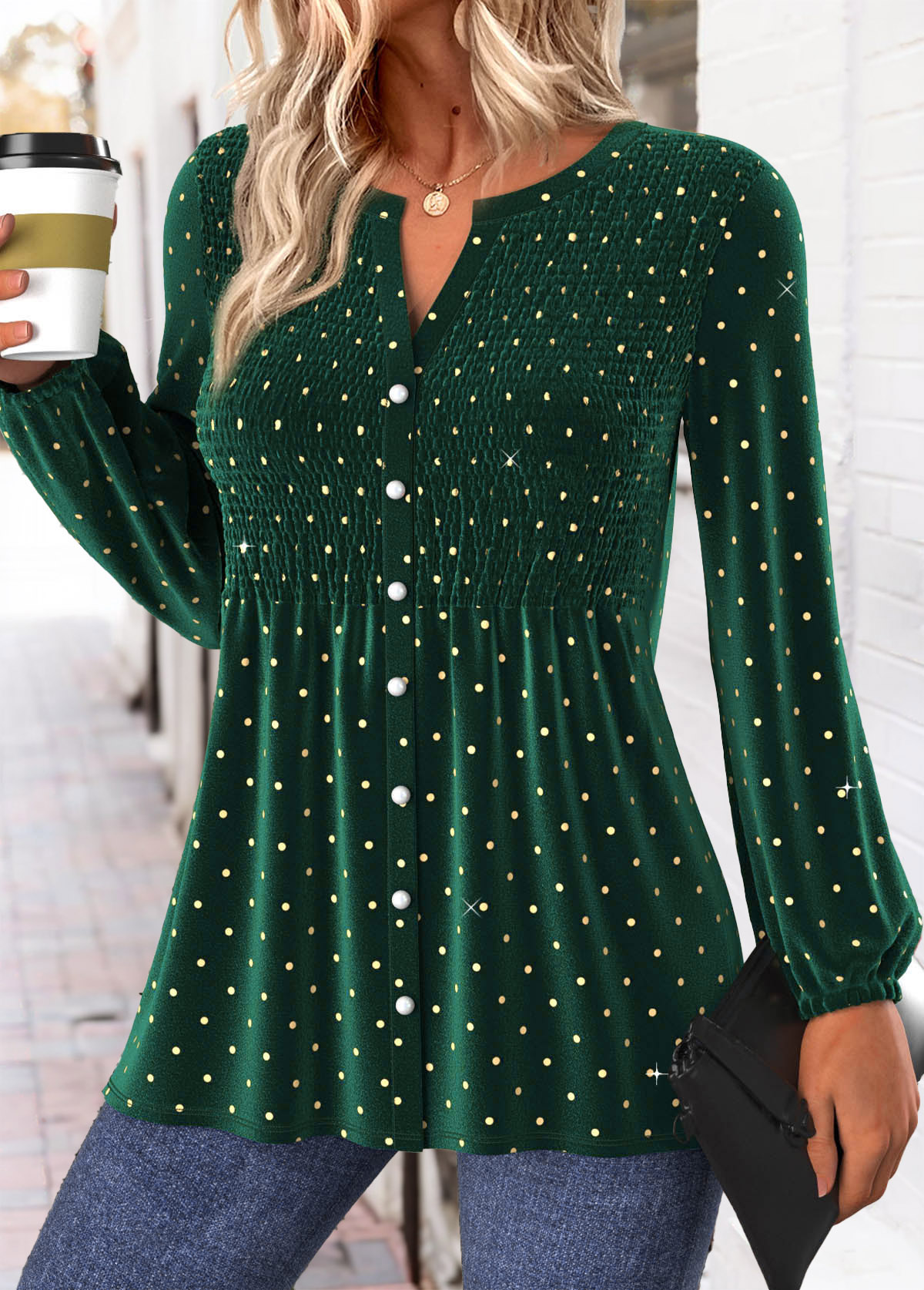 Polka Dot Peplum Green Long Sleeve Split Neck Blouse