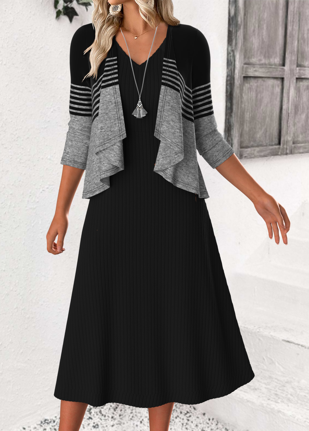 Striped Tummy Coverage Black 3/4 Sleeve Dress and Cardigan