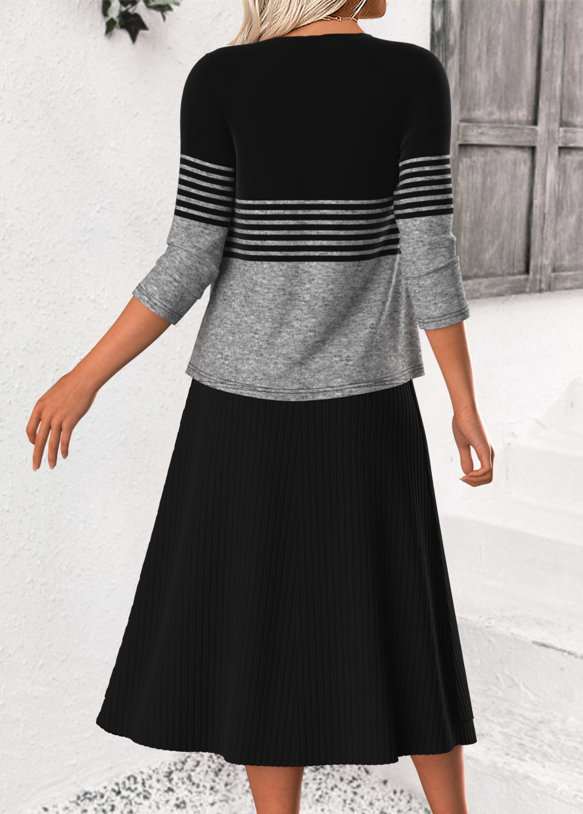 Striped Tummy Coverage Black 3/4 Sleeve Dress and Cardigan