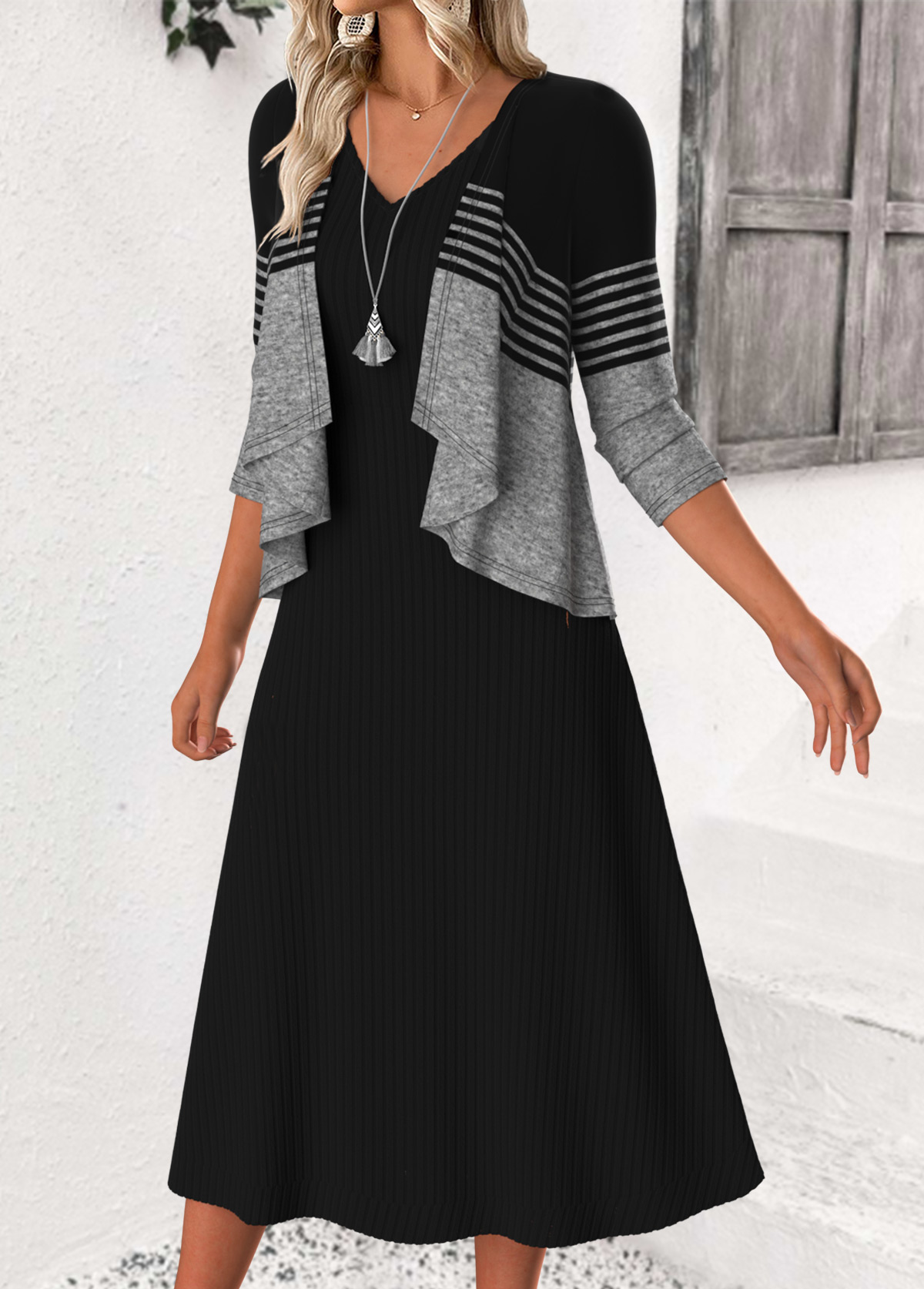 Striped Tummy Coverage Black 3/4 Sleeve Dress and Cardigan