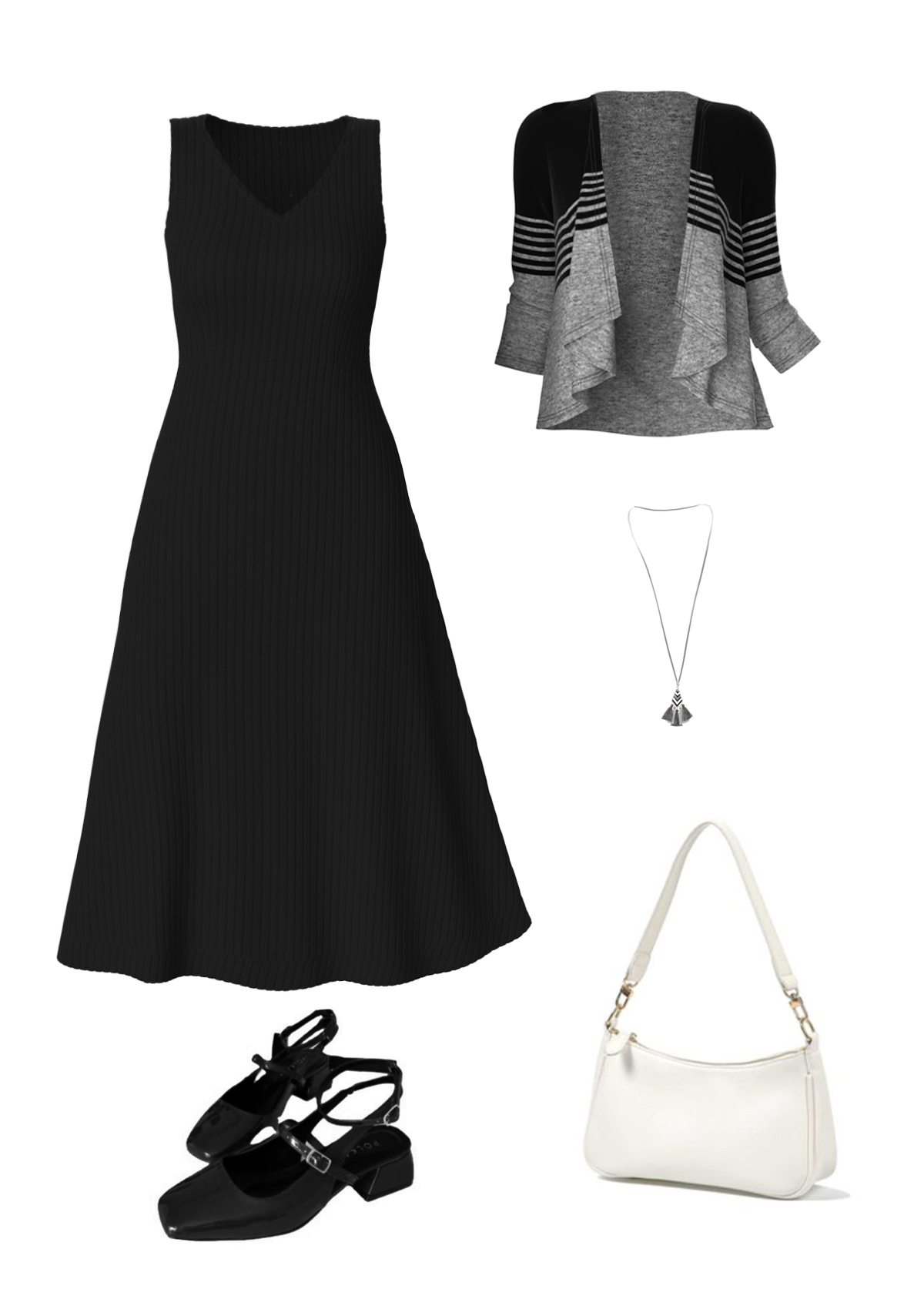 Striped Tummy Coverage Black 3/4 Sleeve Dress and Cardigan