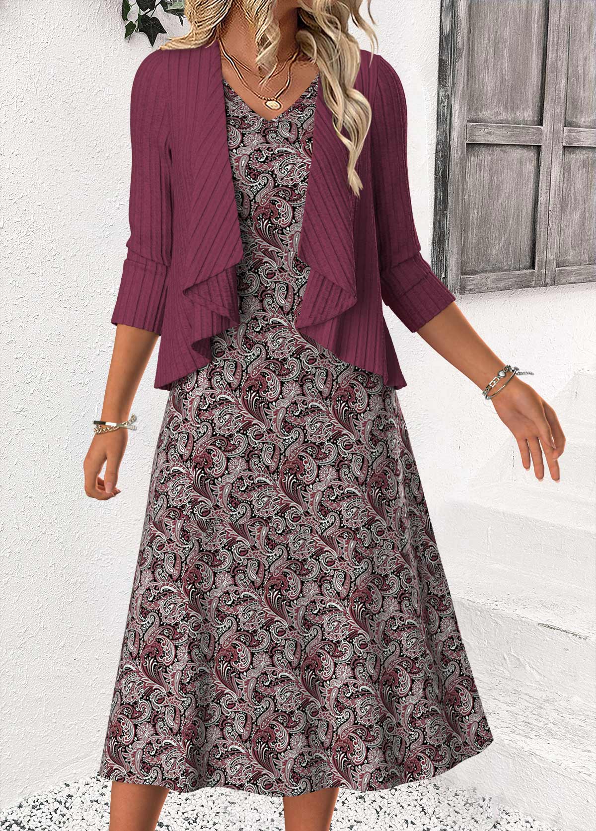 Paisley Print Tummy Coverage Dusty Purple Dress and Cardigan